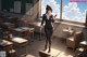 A woman standing in front of a classroom holding a cell phone.